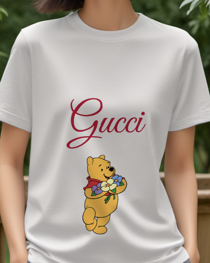 Light Gray Winnie The Pooh Holding Flowers Front Print Graphic T-Shirt - model wearing view