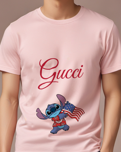 Blush Pink Blue Creature American Flag Graphic T-Shirt - model wearing view