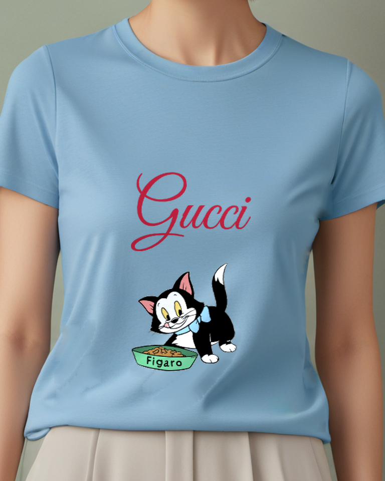 Sky Blue Black Cat In Playful Stance Graphic T-Shirt - model wearing view
