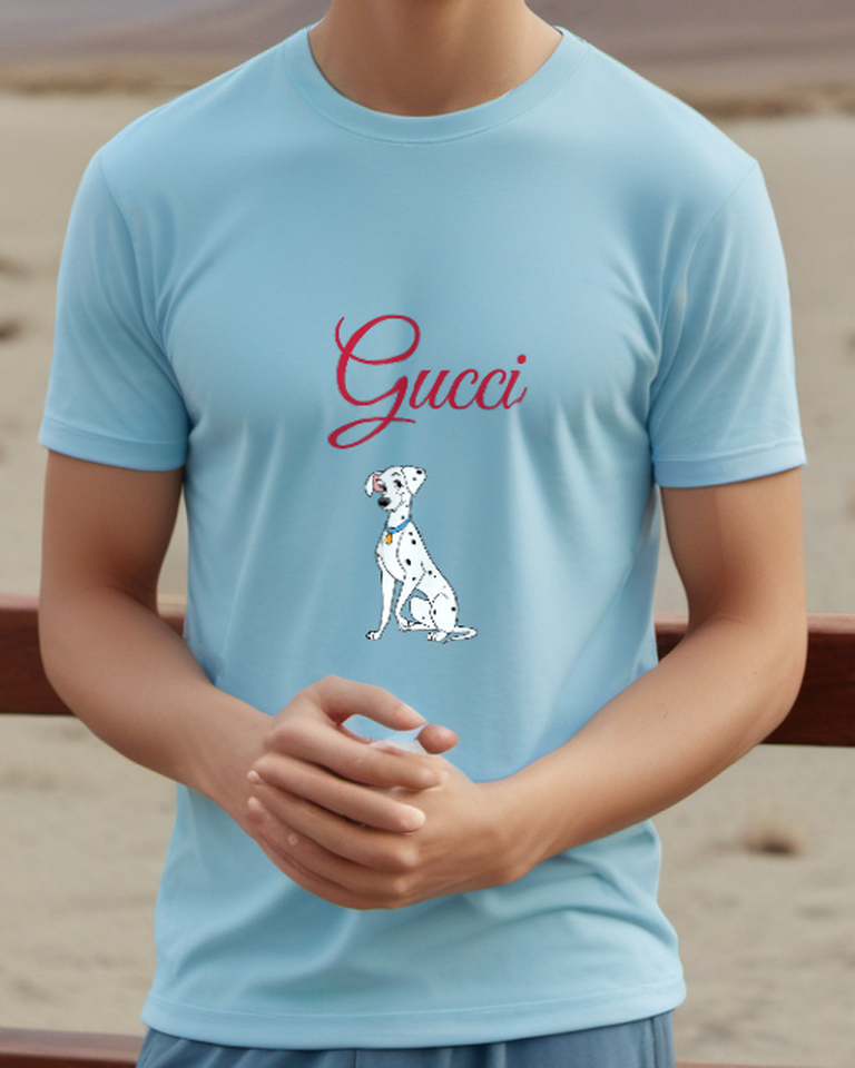 Sky Blue Dalmatian Dog Sitting Upright Graphic T-Shirt - model wearing view