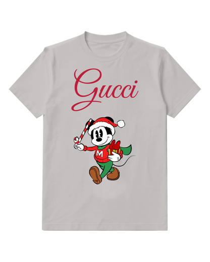 Light Gray Mickey Mouse Holding Candy Cane And Gift Graphic T-Shirt - front product view