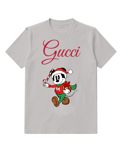 Light Gray Mickey Mouse Holding Candy Cane And Gift Graphic T-Shirt - front product view