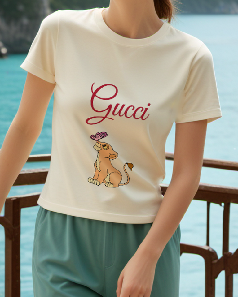 Ivory Cub Looking At Purple Butterfly Graphic T-Shirt - model wearing view