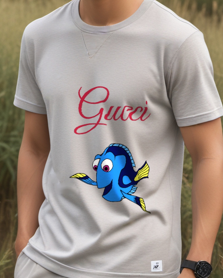 Light Gray Blue Fish Yellow Fins Graphic T-Shirt - model wearing view