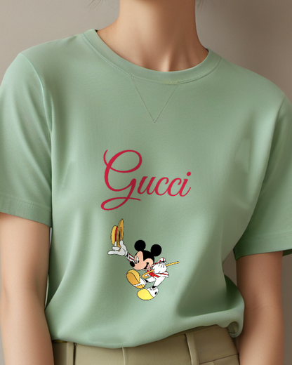 Sage Green Mickey Mouse Dancing With Hat And Horn Graphic T-Shirt - model wearing view
