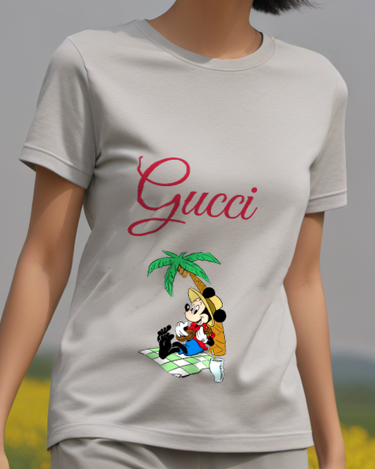 Light Gray Mickey Mouse Relaxing Under Palm Tree Graphic T-Shirt - model wearing view