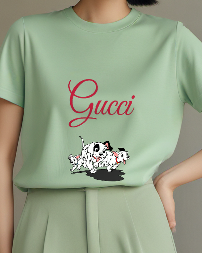 Sage Green Dalmatian Puppies Running Together Graphic T-Shirt - model wearing view
