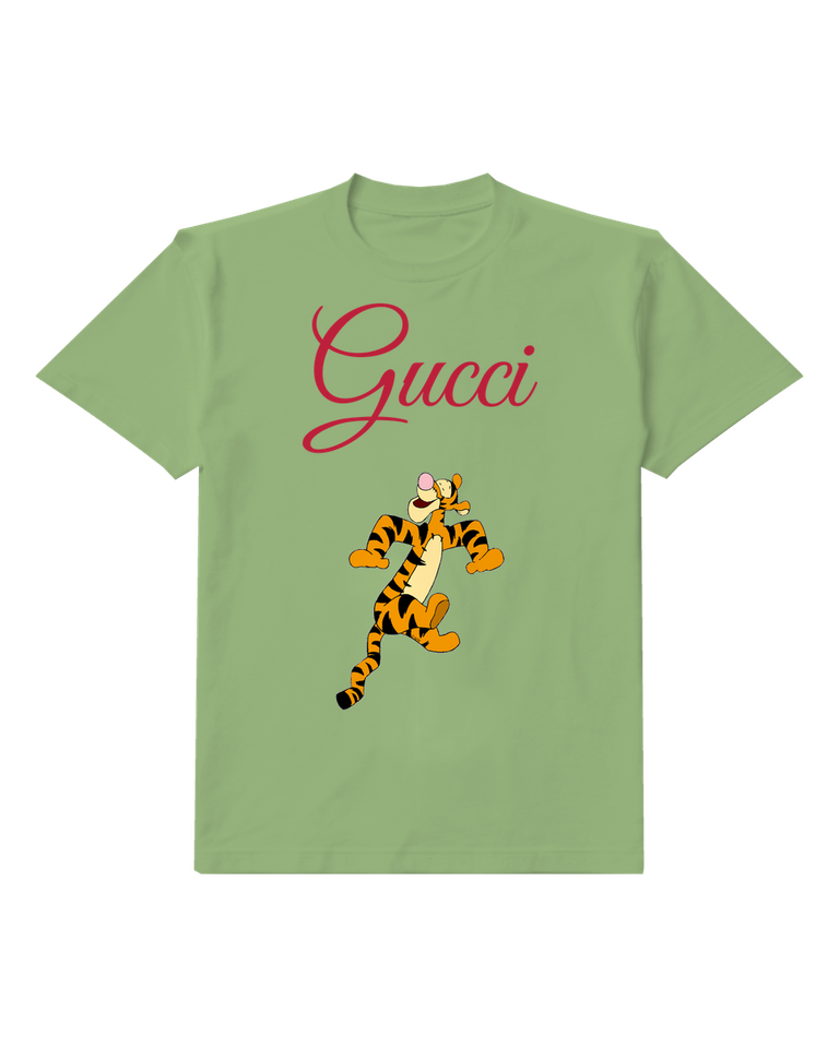 Sage Green Tigger Character Bouncing Energetically Graphic T-Shirt - front product view