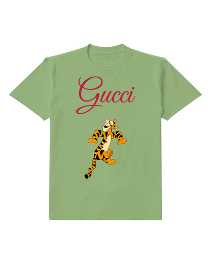 Sage Green Tigger Character Bouncing Energetically Graphic T-Shirt - front product view