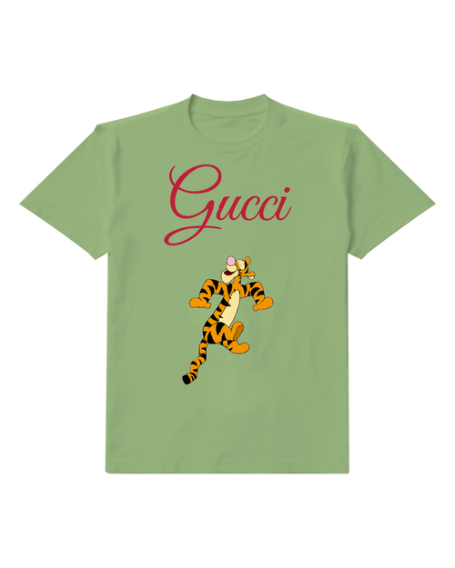 Sage Green Tigger Character Bouncing Energetically Graphic T-Shirt - front product view