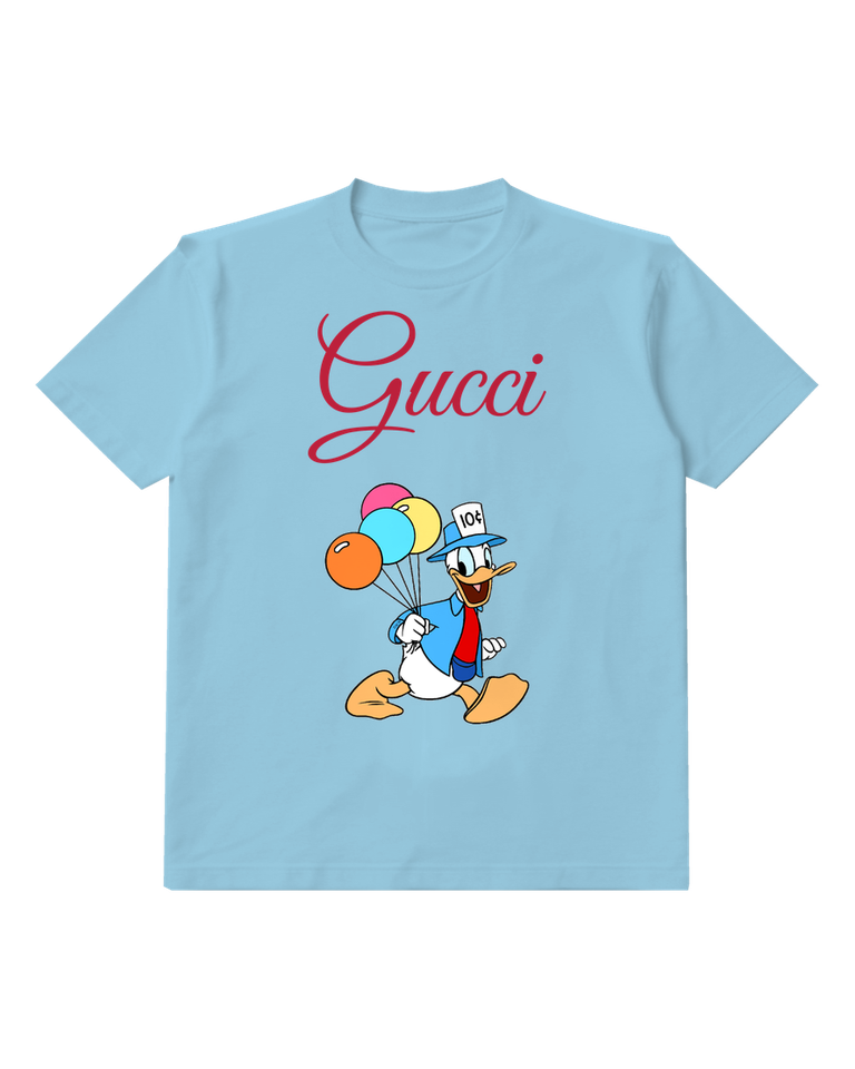Sky Blue Donald Duck Running With Balloons Graphic T-Shirt - front product view