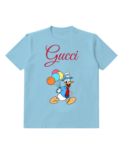 Sky Blue Donald Duck Running With Balloons Graphic T-Shirt - front product view