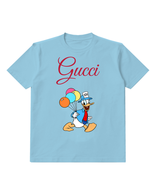 Sky Blue Donald Duck Running With Balloons Graphic T-Shirt - front product view