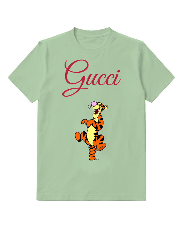 Sage Green Tigger Character Jumping Joyfully Graphic T-Shirt - front product view