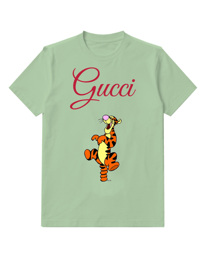 Sage Green Tigger Character Jumping Joyfully Graphic T-Shirt - front product view