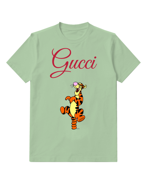 Sage Green Tigger Character Jumping Joyfully Graphic T-Shirt - front product view