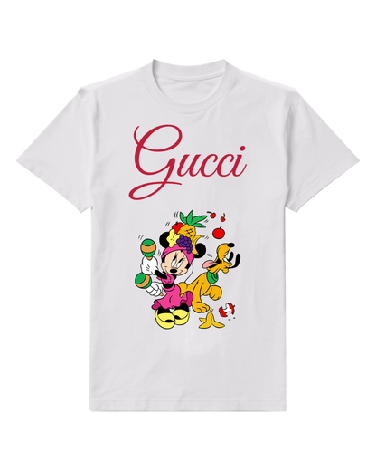 White Minnie Mouse Juggling Fruits With Pluto Graphic T-Shirt - front product view