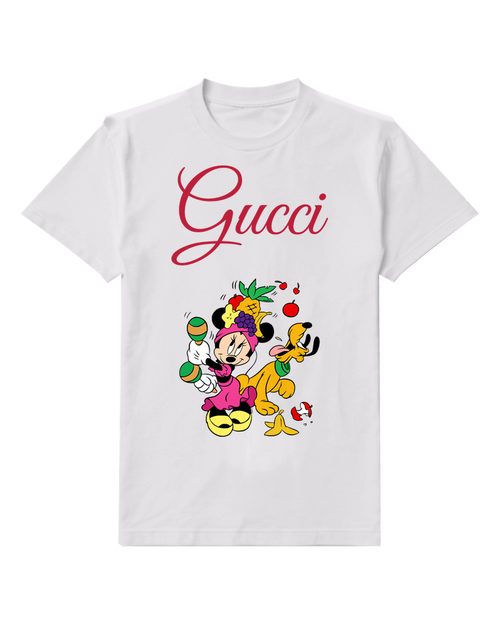 White Minnie Mouse Juggling Fruits With Pluto Graphic T-Shirt - front product view