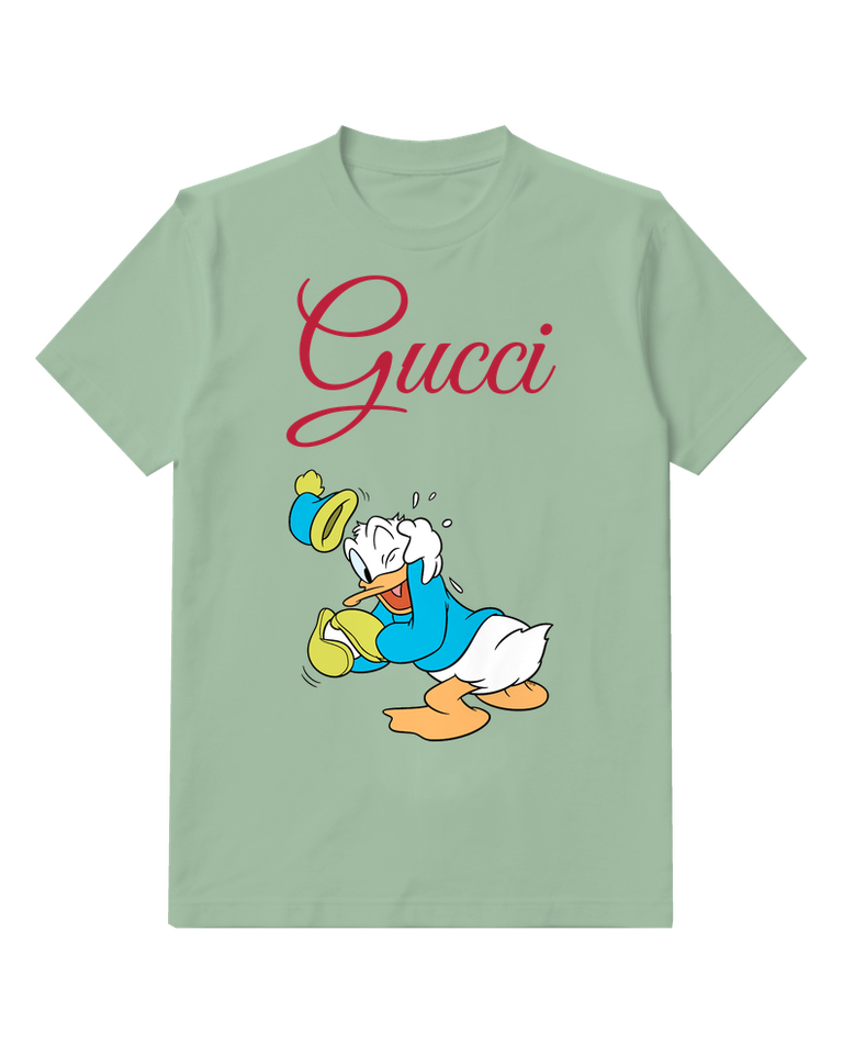 Sage Green Donald Duck In Panic Hat Flying Off Graphic T-Shirt - front product view