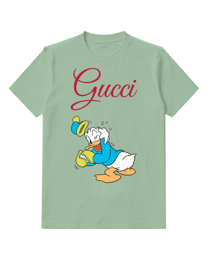 Sage Green Donald Duck In Panic Hat Flying Off Graphic T-Shirt - front product view