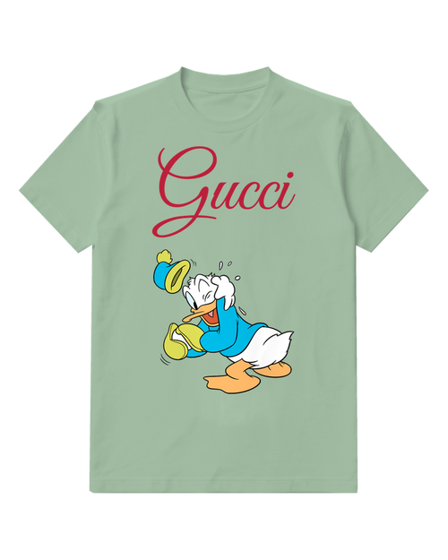 Sage Green Donald Duck In Panic Hat Flying Off Graphic T-Shirt - front product view