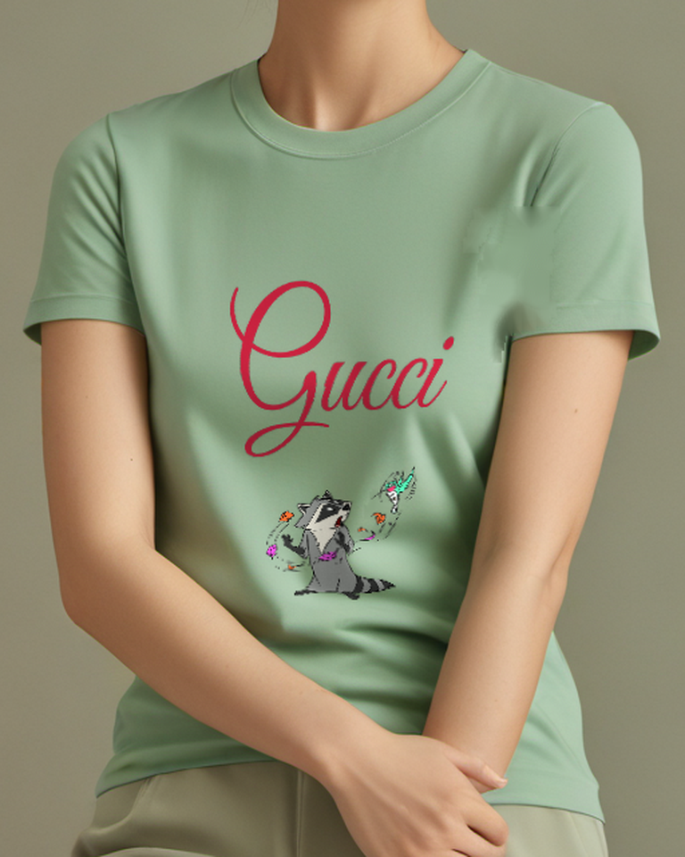 Sage Green Raccoon Startled By Falling Leaves Graphic T-Shirt - model wearing view