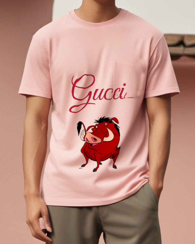 Blush Pink Pumbaa Red Boar Standing Upright Graphic T-Shirt - model wearing view