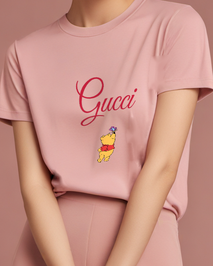 Blush Pink Winnie The Pooh Reaching For Butterfly Graphic T-Shirt - model wearing view