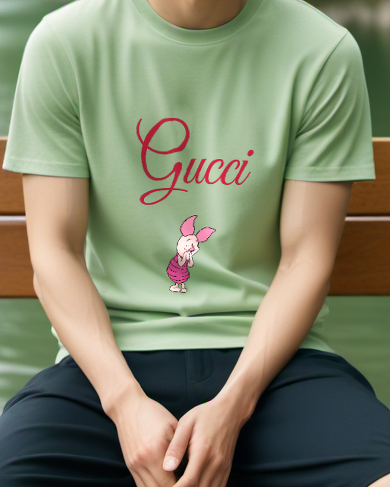 Sage Green Piglet Smiling With Hands Clasped Graphic T-Shirt - model wearing view