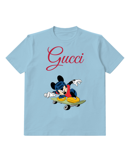Sky Blue Mickey Mouse Skateboarding With Helmet And Pads Graphic T-Shirt - front product view