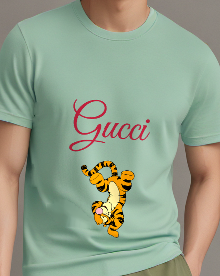 Sage Green Tigger Character Upside Down Graphic T-Shirt - model wearing view