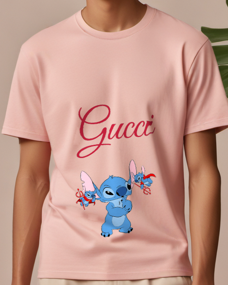 Blush Pink Stitch In Thoughtful Stance Holding Trident Graphic T-Shirt - model wearing view