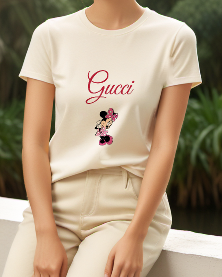 Ivory Minnie Mouse Waving Cheerfully Crew Neck Graphic T-Shirt - model wearing view