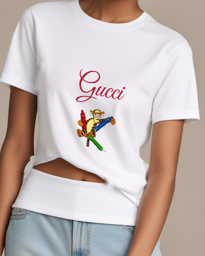 White Tigger Holds Crayons In Dynamic Pose Graphic T-Shirt - model wearing view