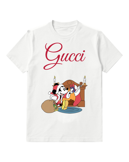 White Holiday Fireplace Mouse Graphic T-Shirt - front product view