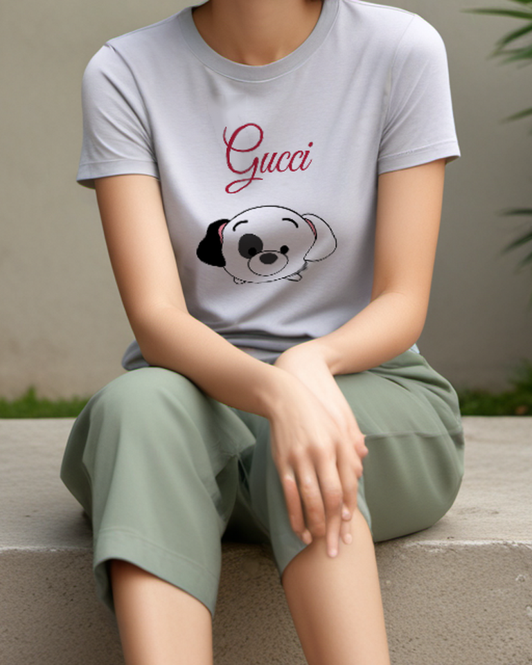 Light Gray Spotted Puppy Face Graphic T-Shirt - model wearing view