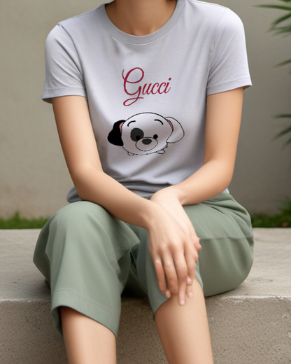 Light Gray Spotted Puppy Face Graphic T-Shirt - model wearing view