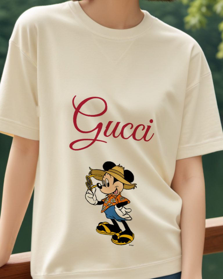 Ivory Mickey Mouse In Straw Hat And Sandals Graphic T-Shirt - model wearing view