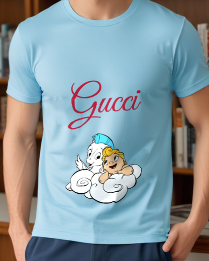Sky Blue Hero And Horse In Clouds Graphic T-Shirt - model wearing view