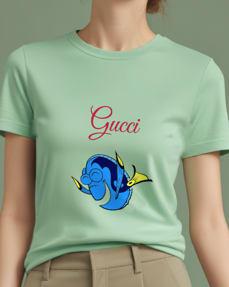 Sage Green Blue Fish With Yellow Fins Smiling Graphic T-Shirt - model wearing view