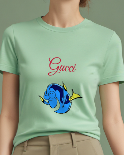 Sage Green Blue Fish With Yellow Fins Smiling Graphic T-Shirt - model wearing view