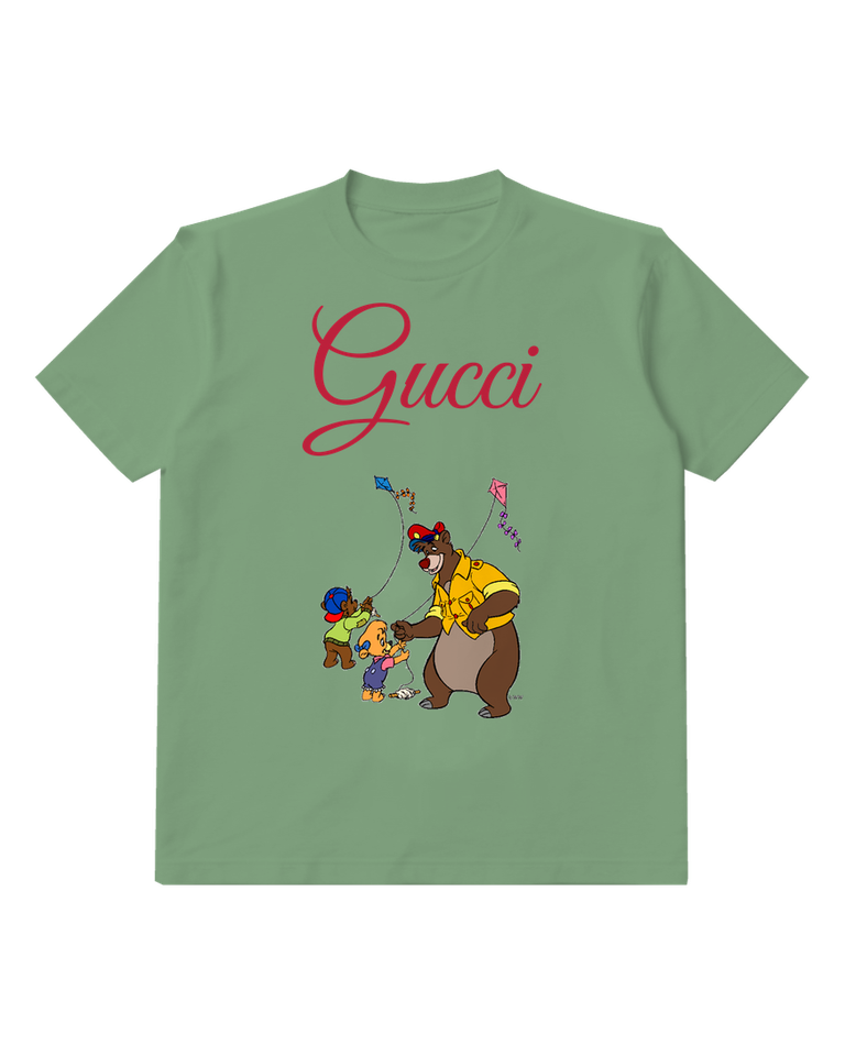 Sage Green Baloo Bear Flying Kites Graphic T-Shirt - front product view