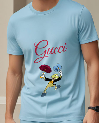 Sky Blue Jiminy Cricket Dancing Joyfully Graphic T-Shirt - model wearing view