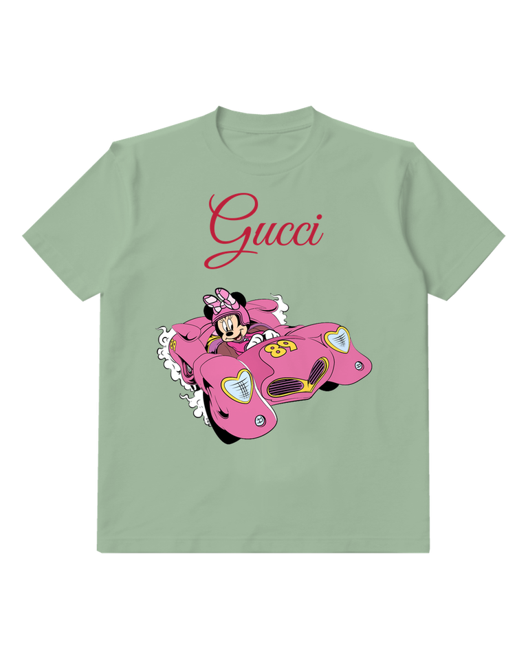 Sage Green Minnie Mouse Racing In Pink Vehicle Graphic T-Shirt - front product view