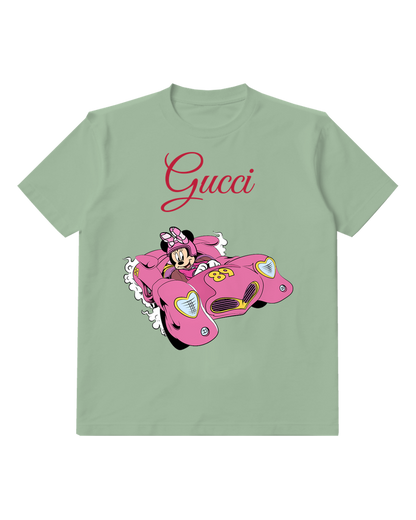 Sage Green Minnie Mouse Racing In Pink Vehicle Graphic T-Shirt - front product view