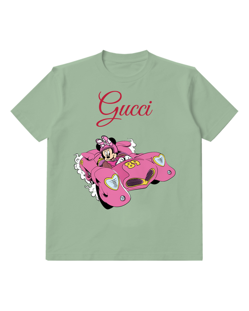 Sage Green Minnie Mouse Racing In Pink Vehicle Graphic T-Shirt - front product view