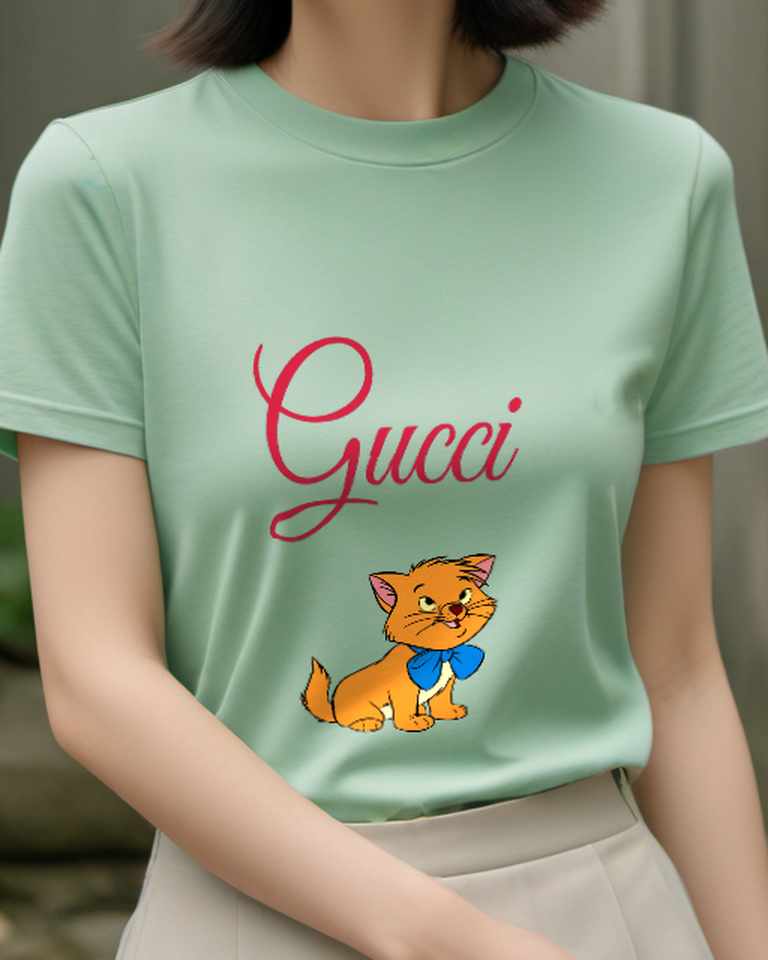 Sage Green Orange Kitten Blue Bow Graphic T-Shirt - model wearing view