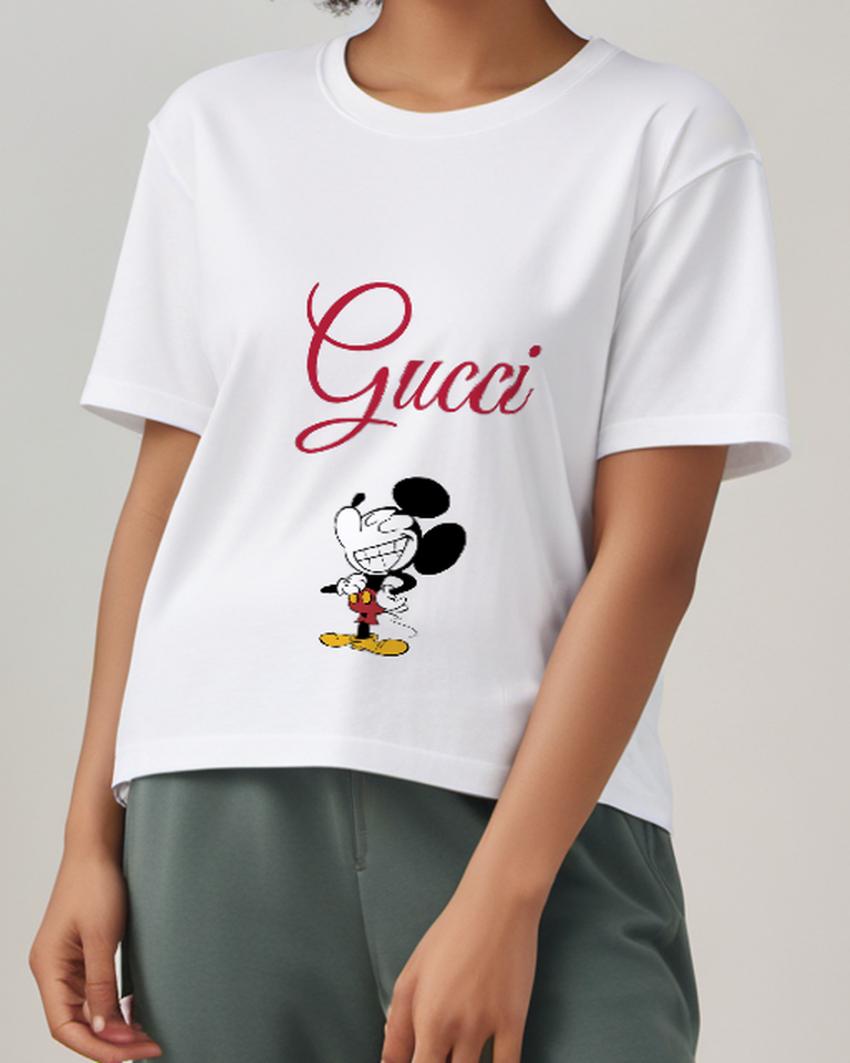 White Mouse Exaggerated Grin Graphic T-Shirt - model wearing view