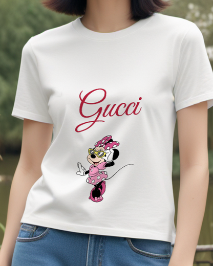 White Minnie Mouse In Sunglasses And Polka Dots Graphic T-Shirt - model wearing view