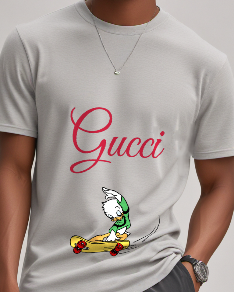 Light Gray Louie Skateboarding On Yellow Board Graphic T-Shirt - model wearing view